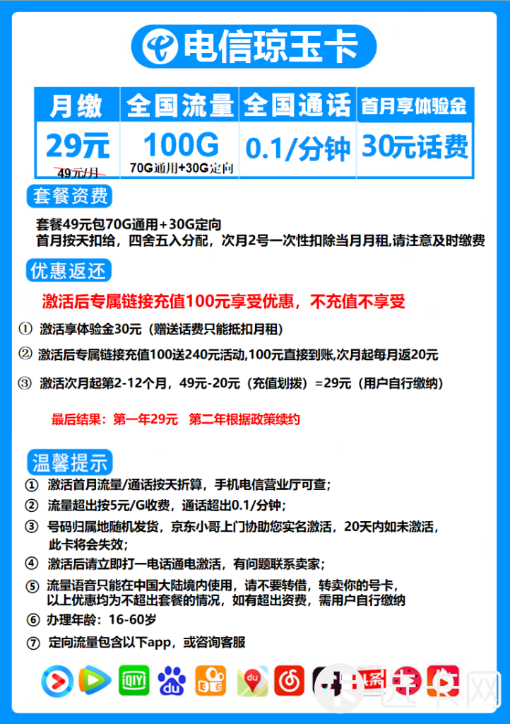 电信琼玉卡29元包70G通用流量+30G定向流量+通话0.1