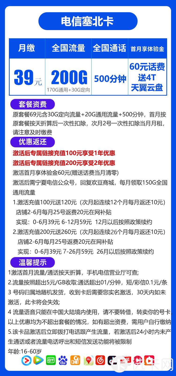 电信塞北卡39元包170G通用流量+30G定向流量+500分