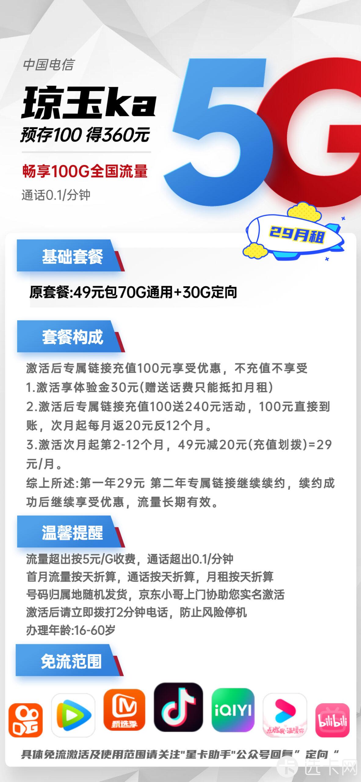 电信琼玉卡长期29元月包70G通用+30G定向+通话0.1元