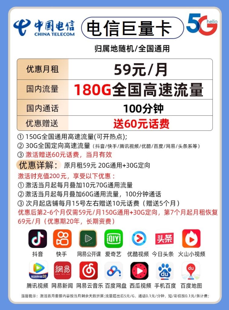 电信巨量卡59元包150G通用流量+30G定向流量+100分钟全国通话
