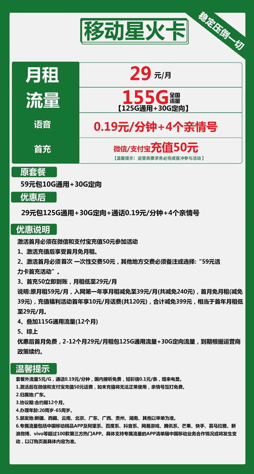 移动星火卡29元月包125G通用流量+30G定向流量+移动亲