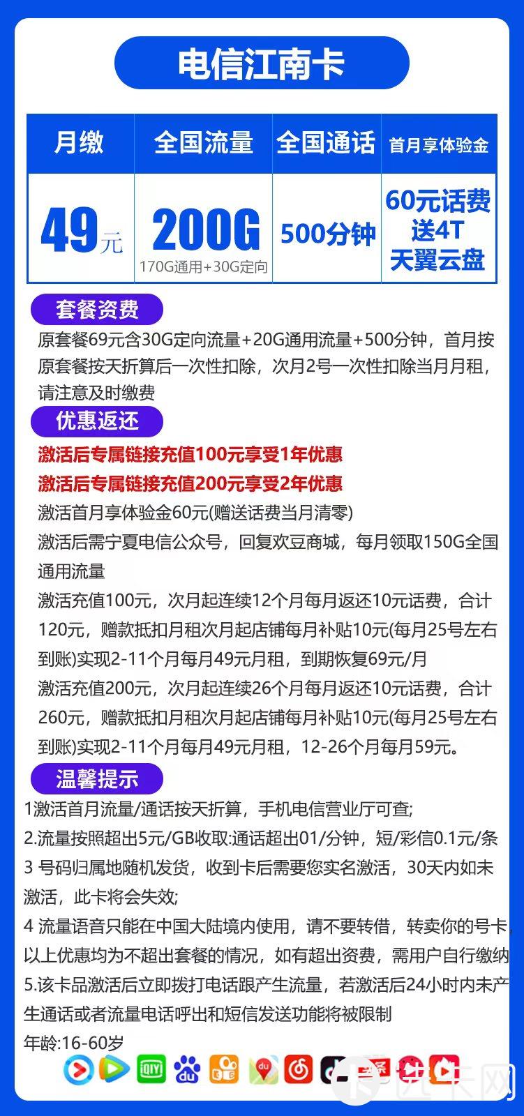 电信江南卡49元包170G通用流量+30G定向流量+500分
