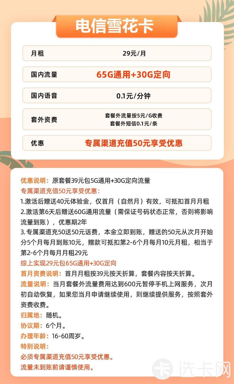 电信雪花卡29元月包65G通用流量+30G定向流量+通话0.