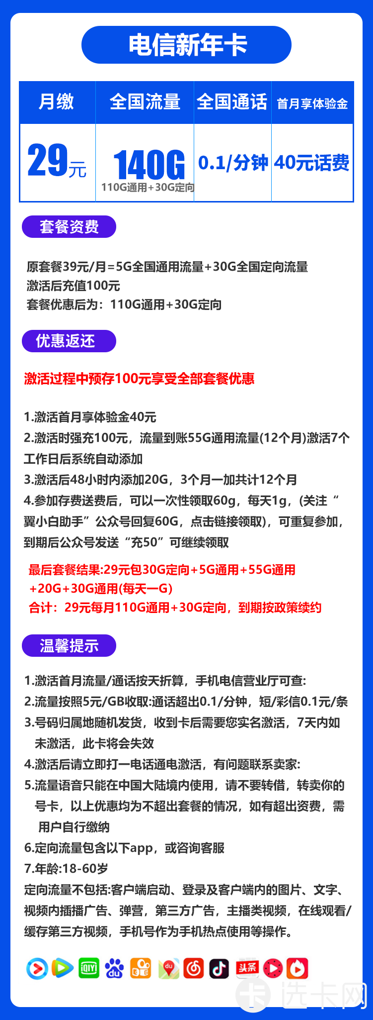 电信新年卡29元月包110G通用流量+30G定向流量+通话0