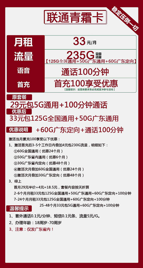 联通青霜卡33元月包125G全国通用+50G广东通用+60G