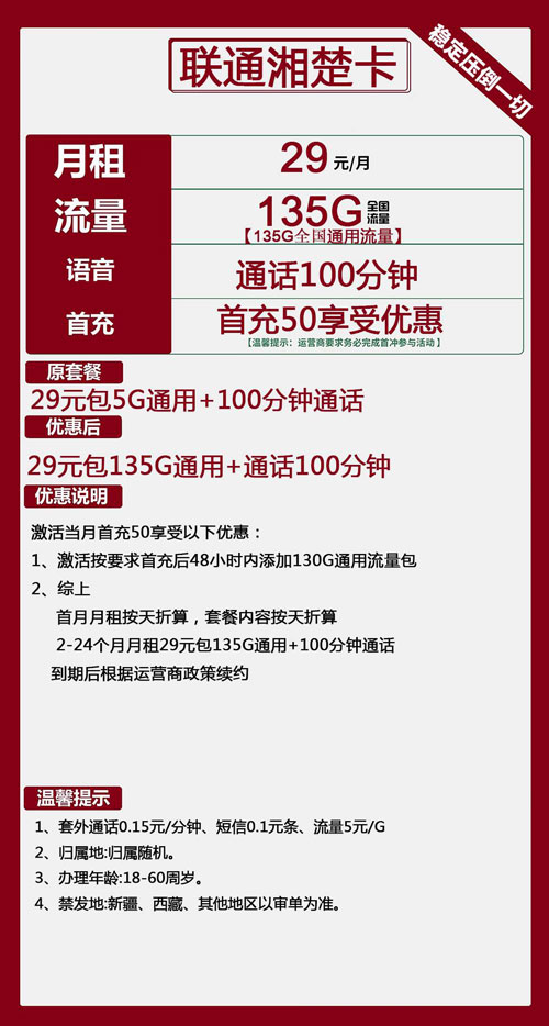 联通湘楚卡29元月包135G通用流量+100分钟通话