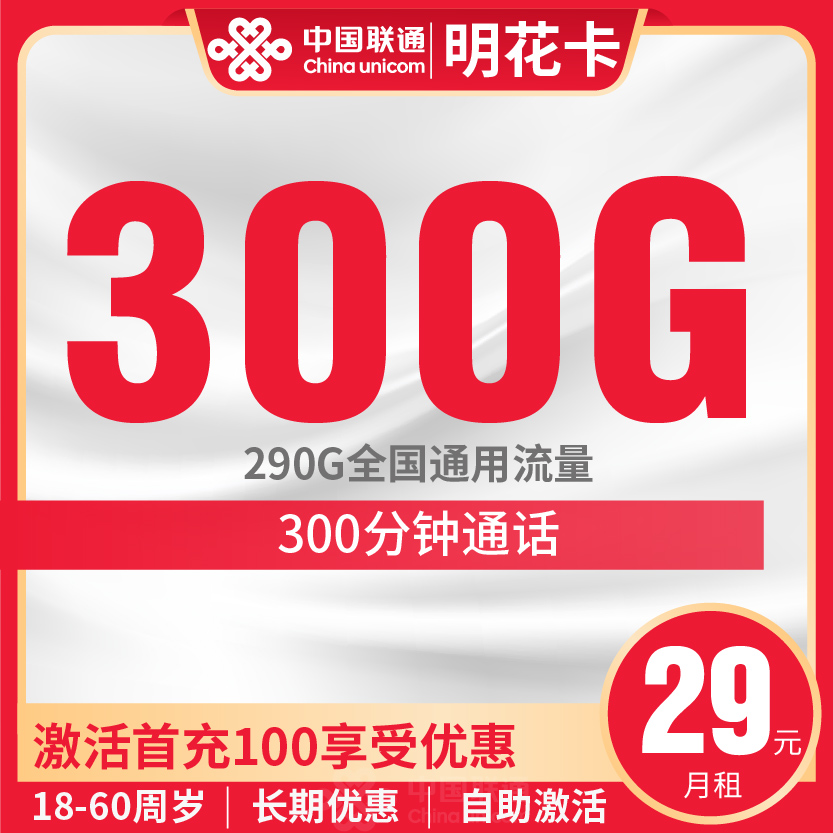 联通明花卡29元月包300G通用流量+300分钟通话